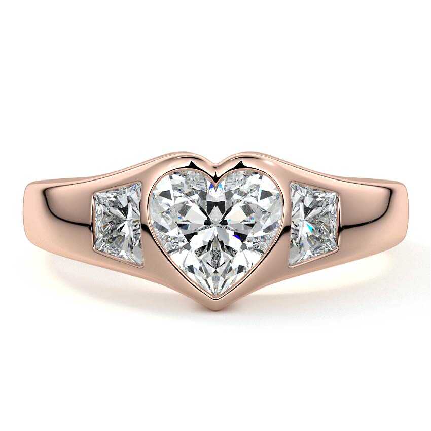 Rose gold Three-Stone Heart Diamond Bezel Engagement Ring with Trapezoid Side Stones