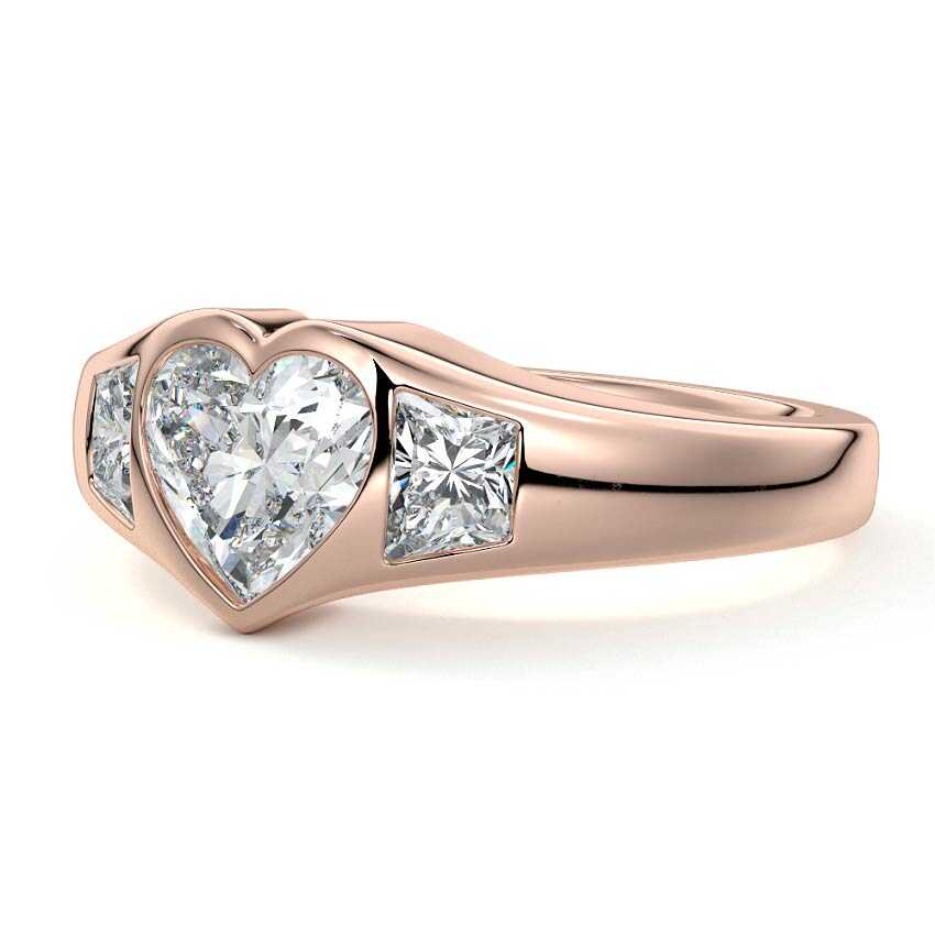 Rose gold Three-Stone Heart Diamond Bezel Engagement Ring with Trapezoid Side Stones