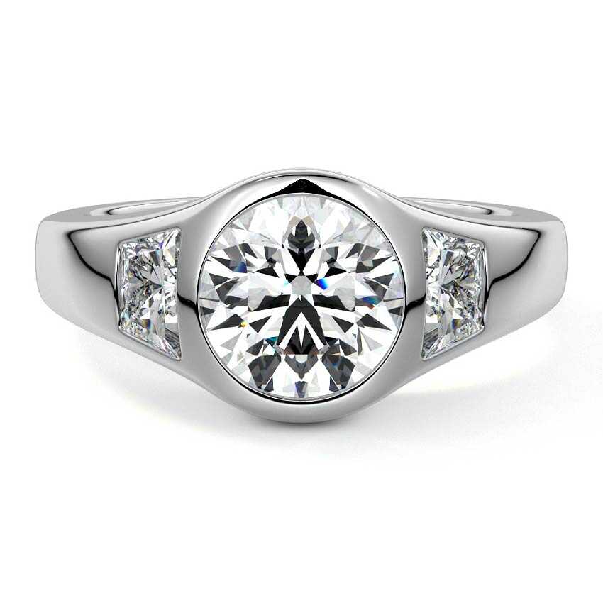 White gold Three-Stone Round Diamond Bezel Engagement Ring with Trapezoid Side Stones