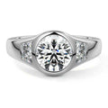 White gold Three-Stone Round Diamond Bezel Engagement Ring with Trapezoid Side Stones