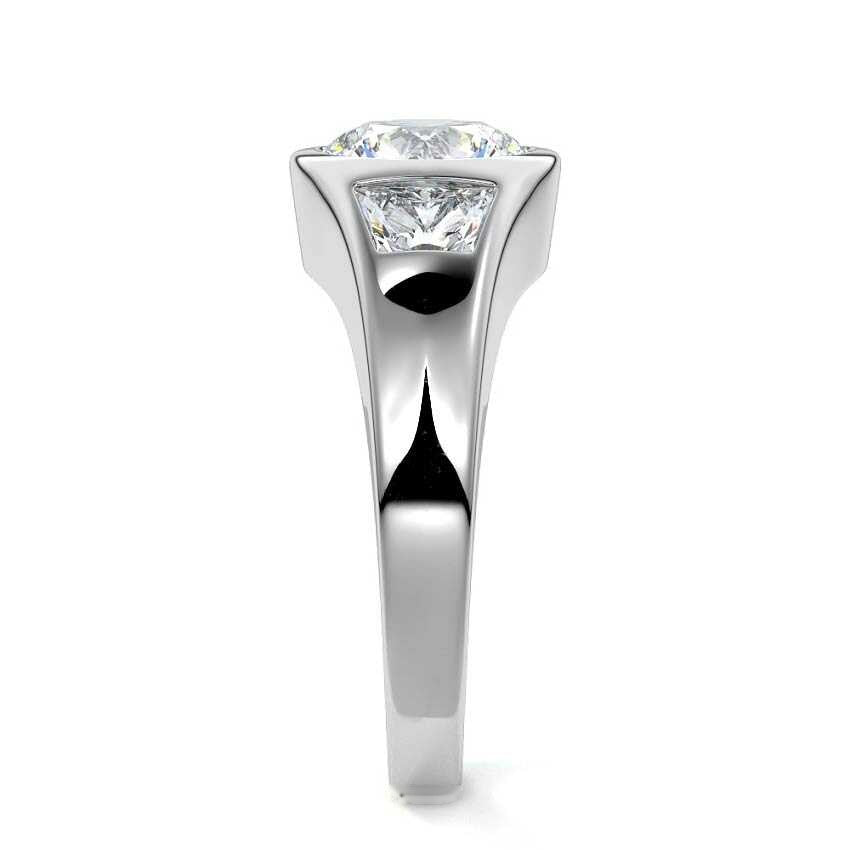 White gold Three-Stone Round Diamond Bezel Engagement Ring with Trapezoid Side Stones 