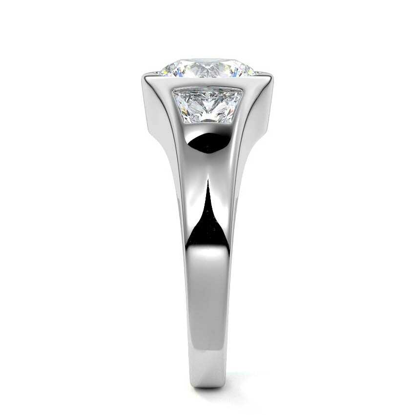 White gold Three-Stone Round Diamond Bezel Engagement Ring with Trapezoid Side Stones