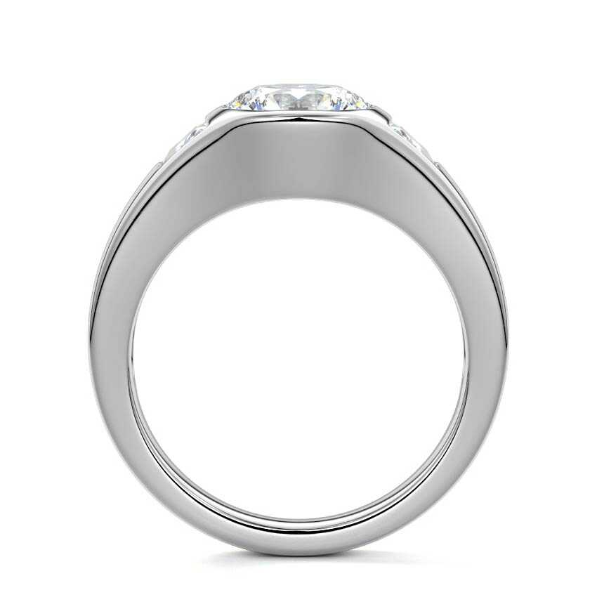 White gold Three-Stone Round Diamond Bezel Engagement Ring with Trapezoid Side Stones