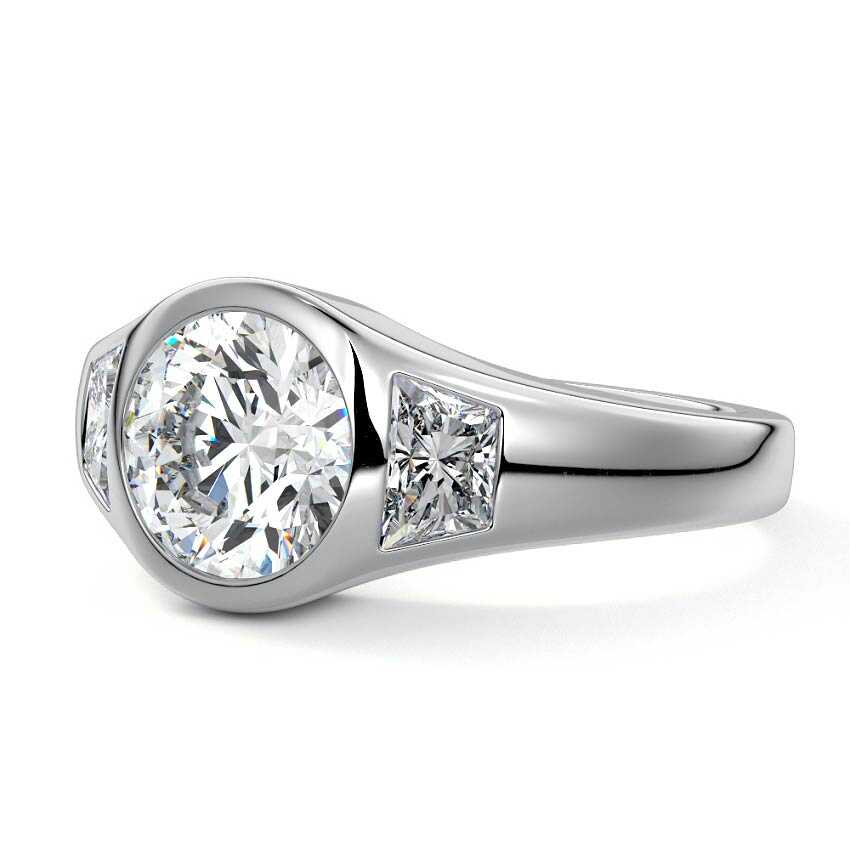 White gold Three-Stone Round Diamond Bezel Engagement Ring with Trapezoid Side Stones