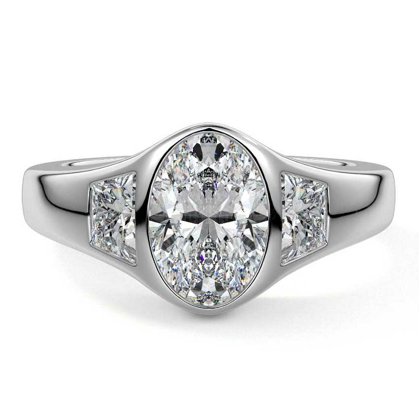 Platinum Three-Stone Oval Diamond Bezel Engagement Ring with Trapezoid Side Stones