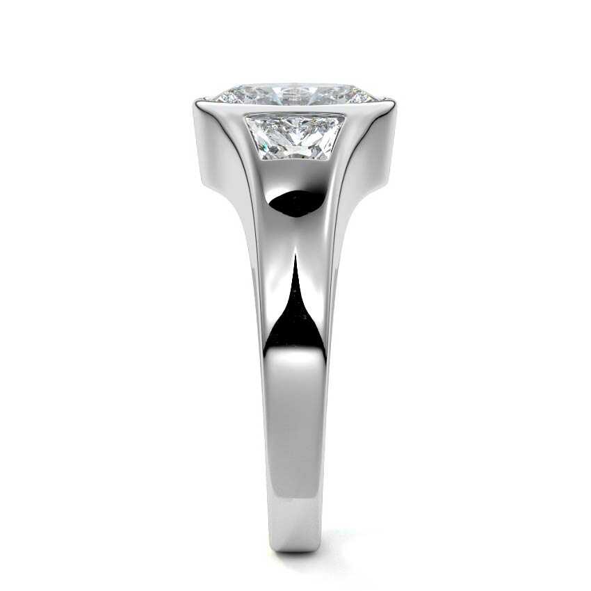 Platinum Three-Stone Oval Diamond Bezel Engagement Ring with Trapezoid Side Stones