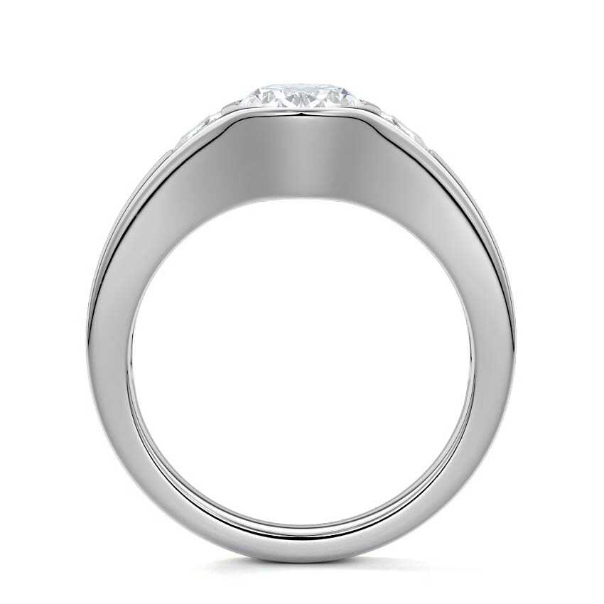 Platinum Three-Stone Oval Diamond Bezel Engagement Ring with Trapezoid Side Stones