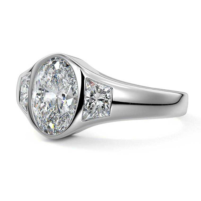 Platinum Three-Stone Oval Diamond Bezel Engagement Ring with Trapezoid Side Stones