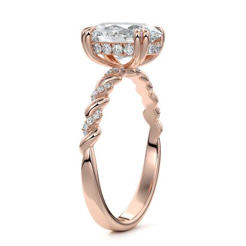 Rose gold Oval Diamond Hidden Halo Engagement Ring with Twisted Pavé Band