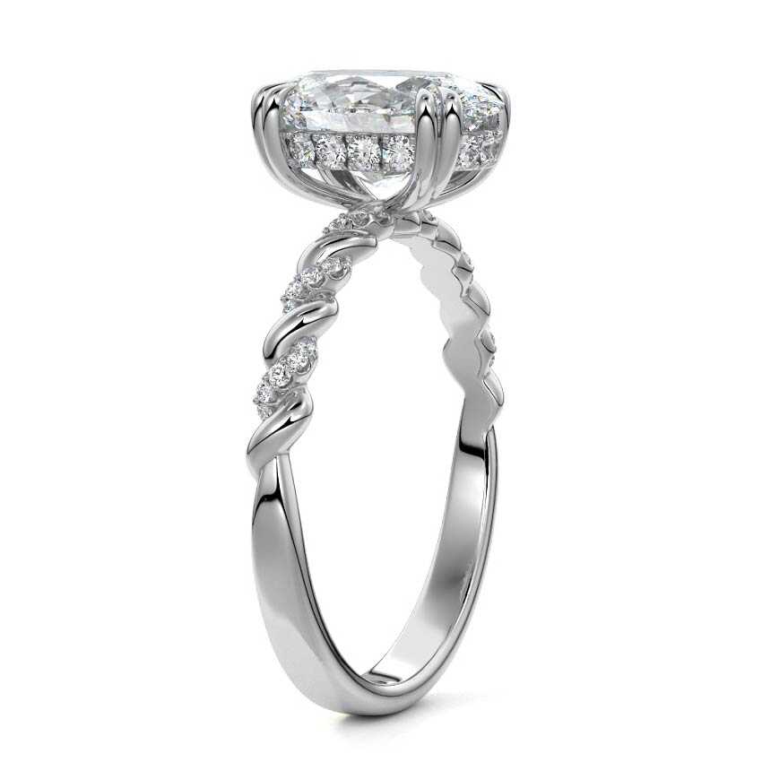 Silver Oval Diamond Hidden Halo Engagement Ring with Twisted Pavé Band