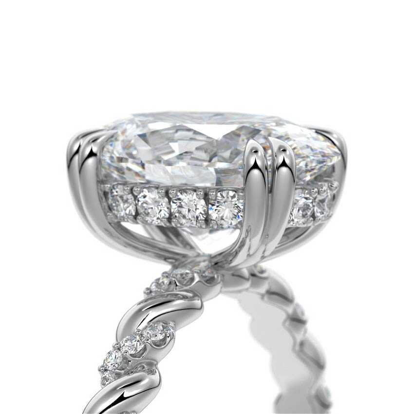 Silver Oval Diamond Hidden Halo Engagement Ring with Twisted Pavé Band
