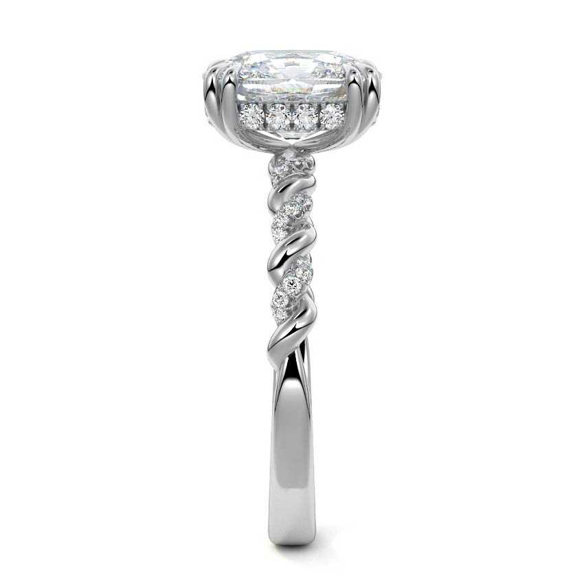 Silver Cushion Diamond Hidden Halo Engagement Ring with Twisted Pavé Band