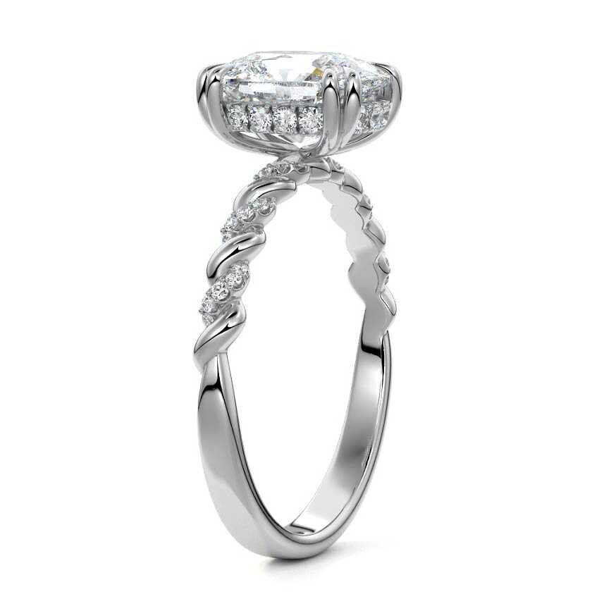 Silver Cushion Diamond Hidden Halo Engagement Ring with Twisted Pavé Band