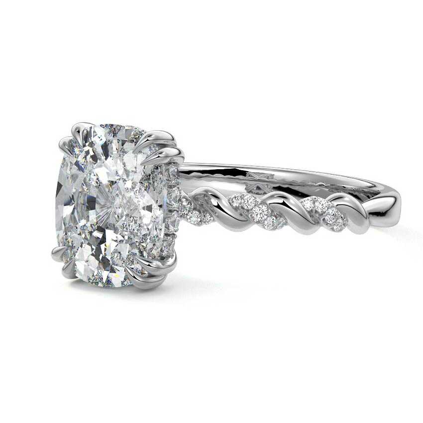 Silver Cushion Diamond Hidden Halo Engagement Ring with Twisted Pavé Band