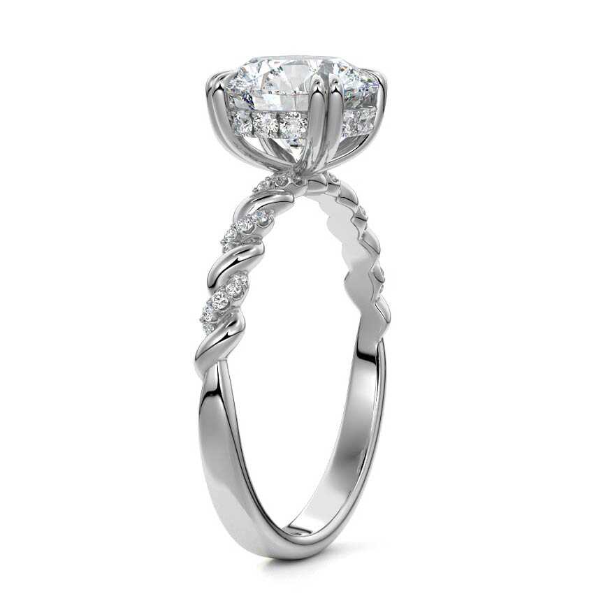 Platinum Round Diamond Hidden Halo Engagement Ring with Twisted Pavé Band