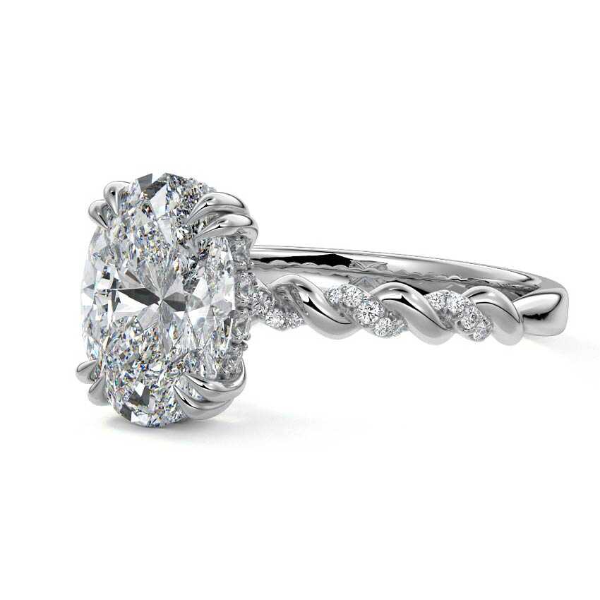 Platinum Oval Diamond Hidden Halo Engagement Ring with Twisted Pavé Band