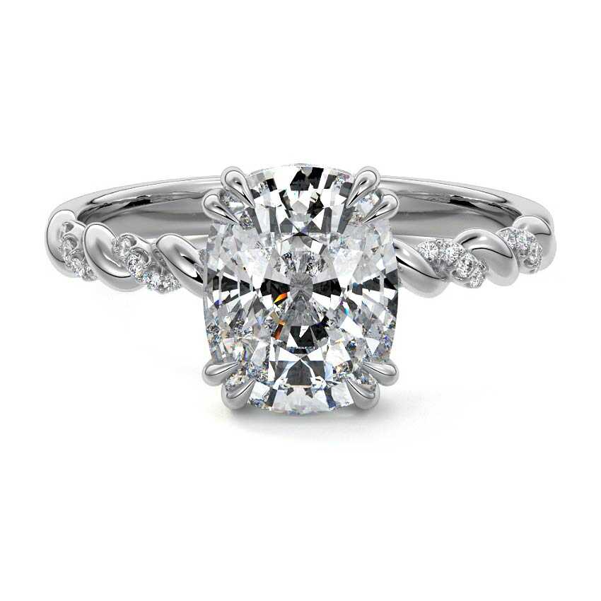 Platinum Cushion Diamond Hidden Halo Engagement Ring with Twisted Pavé Band