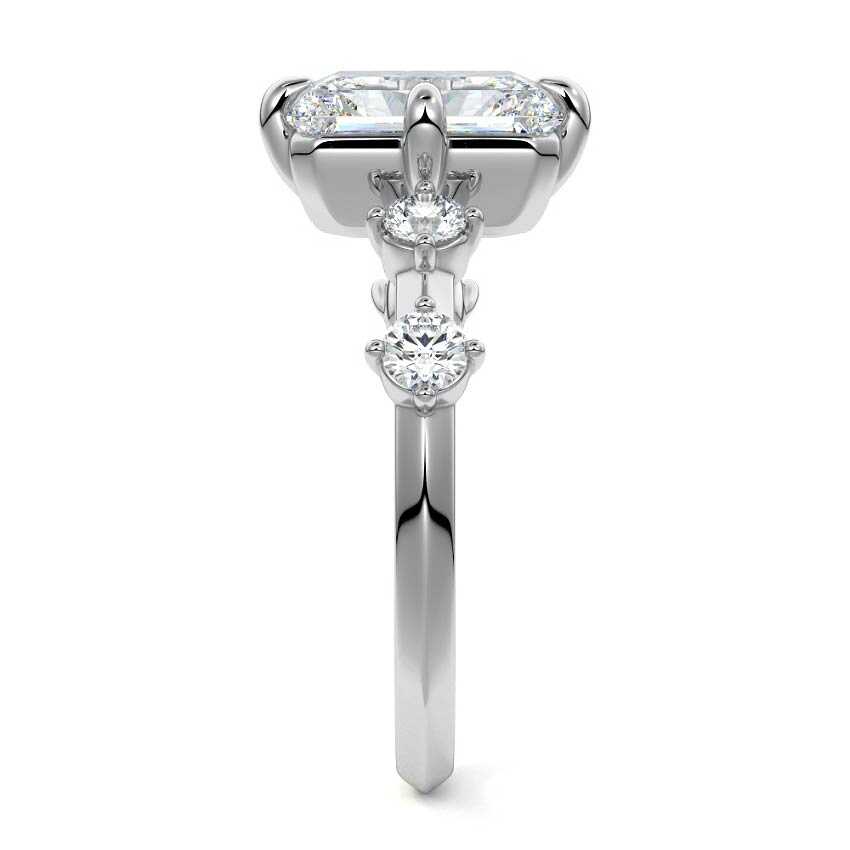 White gold Radiant Diamond Side Stone Ring with Round Prong Set Accents