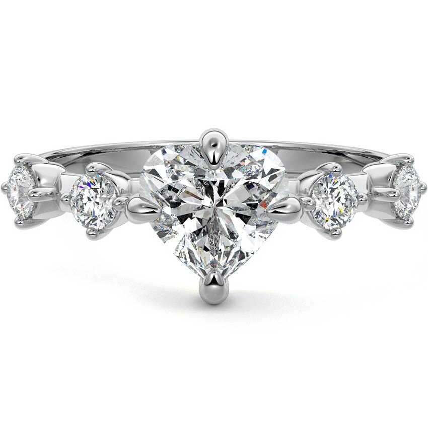 White gold Heart Diamond Side Stone Ring with Round Prong Set Accents
