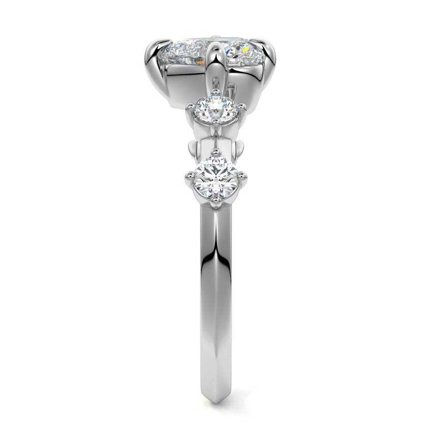 White gold Heart Diamond Side Stone Ring with Round Prong Set Accents