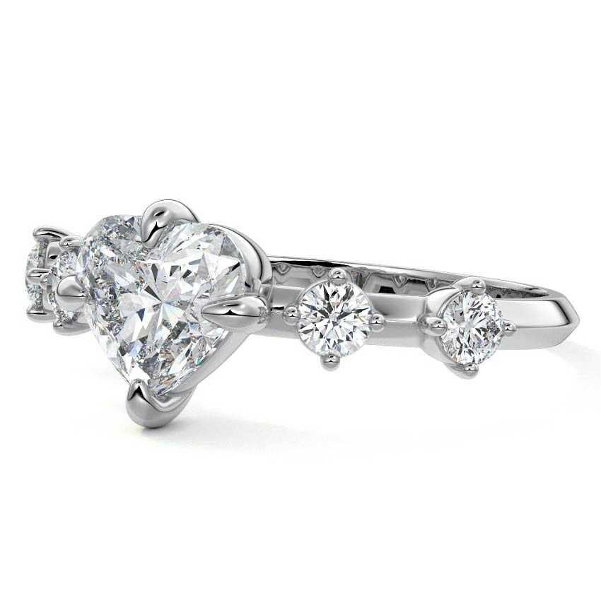 White gold Heart Diamond Side Stone Ring with Round Prong Set Accents