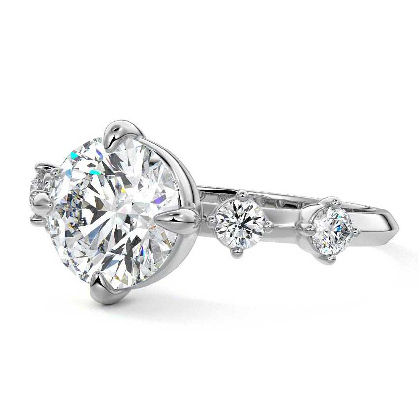 Silver Round Diamond Side Stone Ring with Round Prong Set Accents