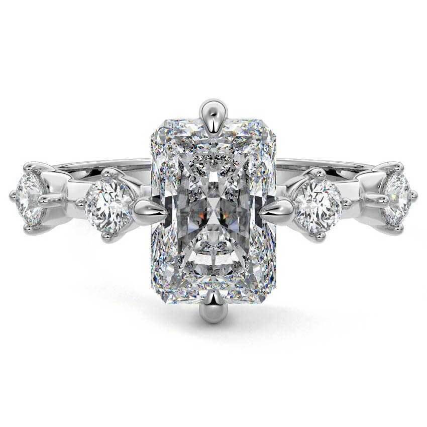 Silver Radiant Diamond Side Stone Ring with Round Prong Set Accents