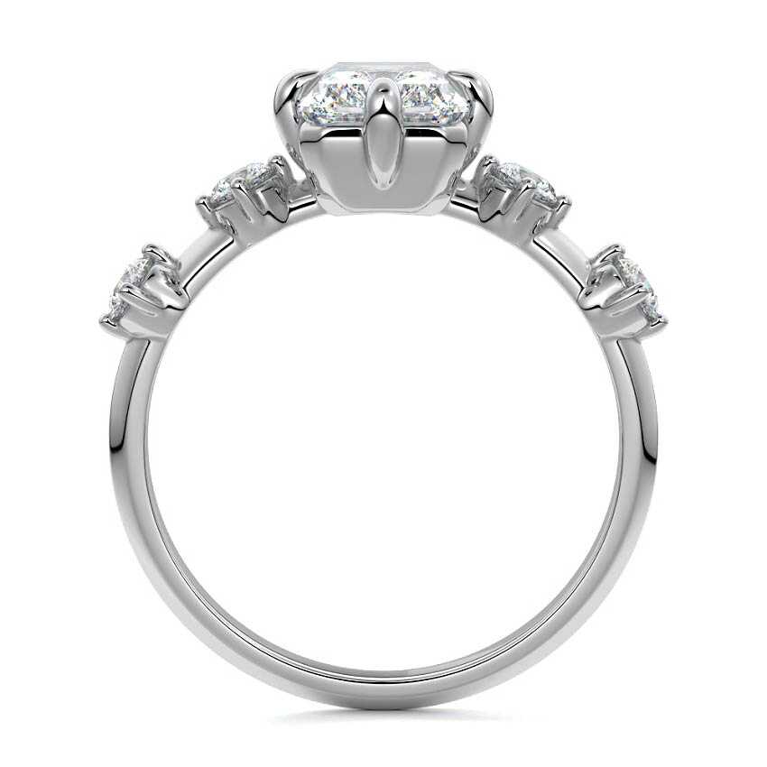 Silver Radiant Diamond Side Stone Ring with Round Prong Set Accents