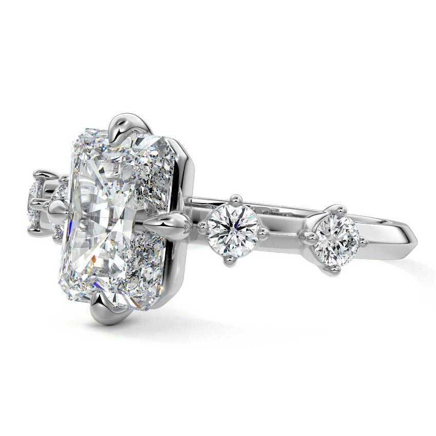 Silver Radiant Diamond Side Stone Ring with Round Prong Set Accents