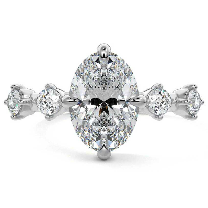 Silver Oval Diamond Side Stone Ring with Round Prong Set Accents
