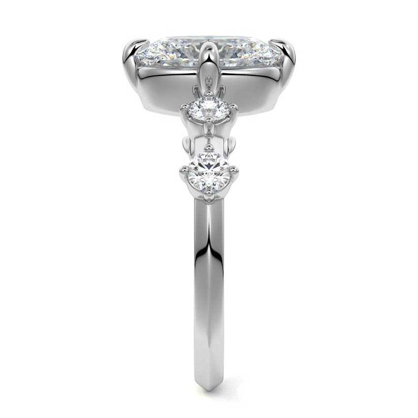 Silver Oval Diamond Side Stone Ring with Round Prong Set Accents