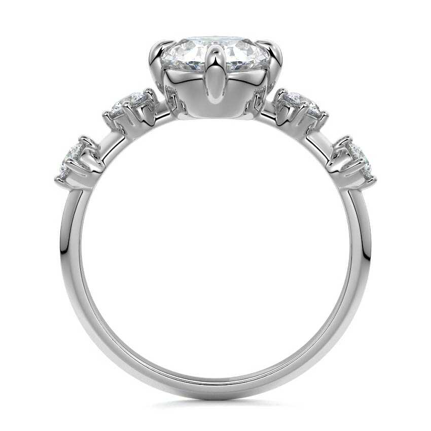 Silver Oval Diamond Side Stone Ring with Round Prong Set Accents