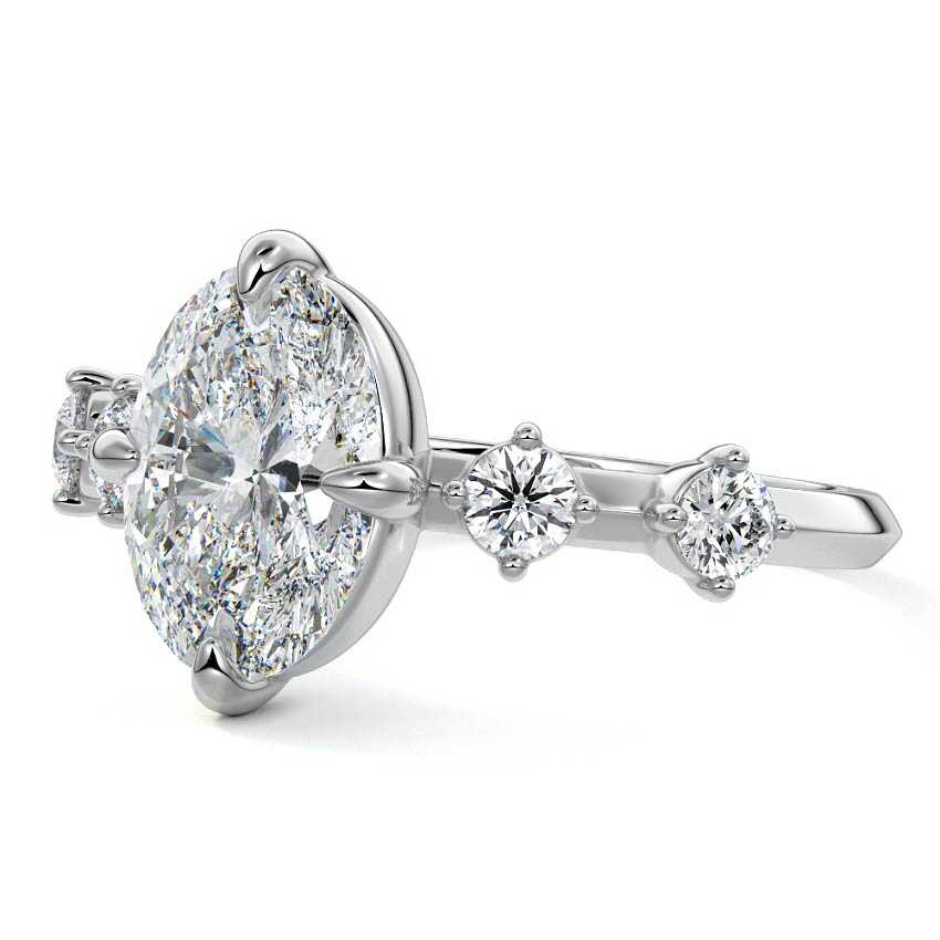 Silver Oval Diamond Side Stone Ring with Round Prong Set Accents