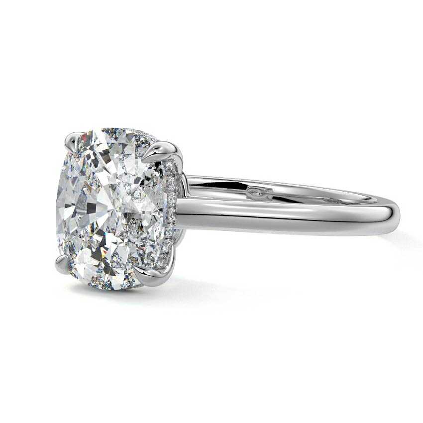 Platinum Cushion Diamond Solitaire Engagement Ring with Hidden Halo