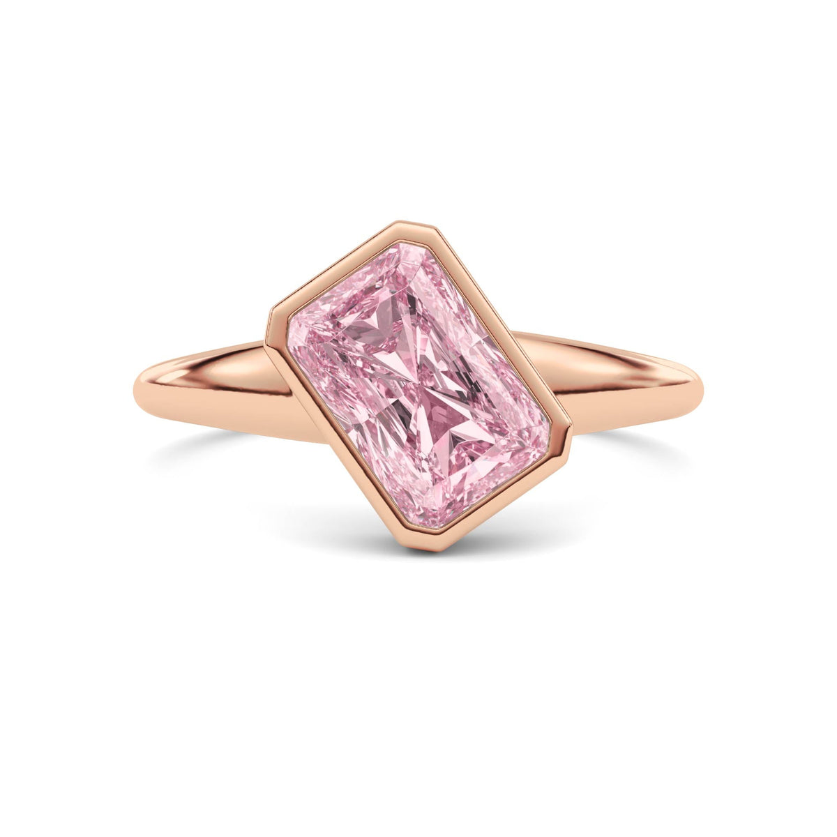 Rose gold Fancy Pink Radiant Cut Diamond Solitaire Engagement Ring with East-West Bezel Setting