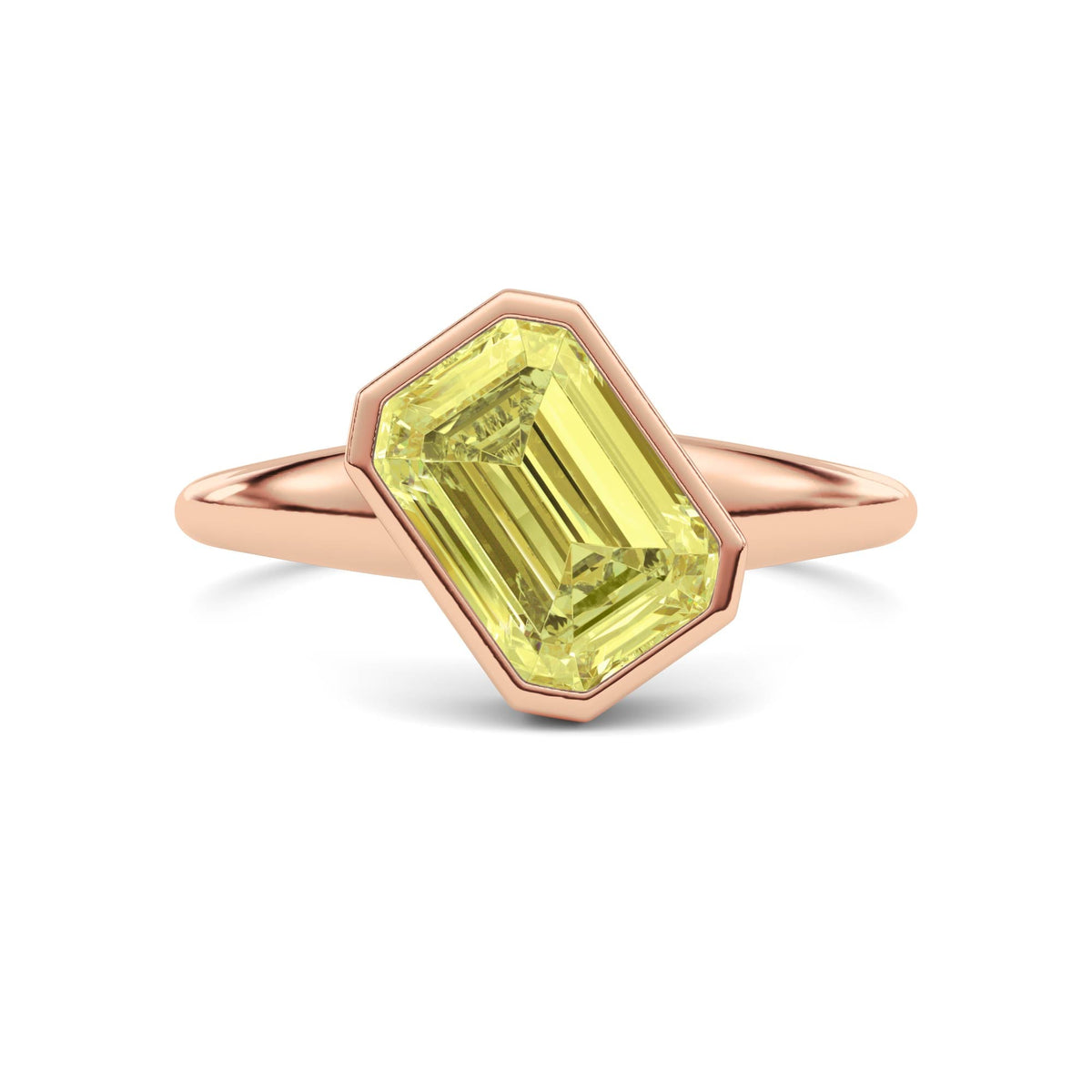 Rose gold Fancy Yellow Emerald Cut Diamond Solitaire Engagement Ring with East-West Bezel Setting