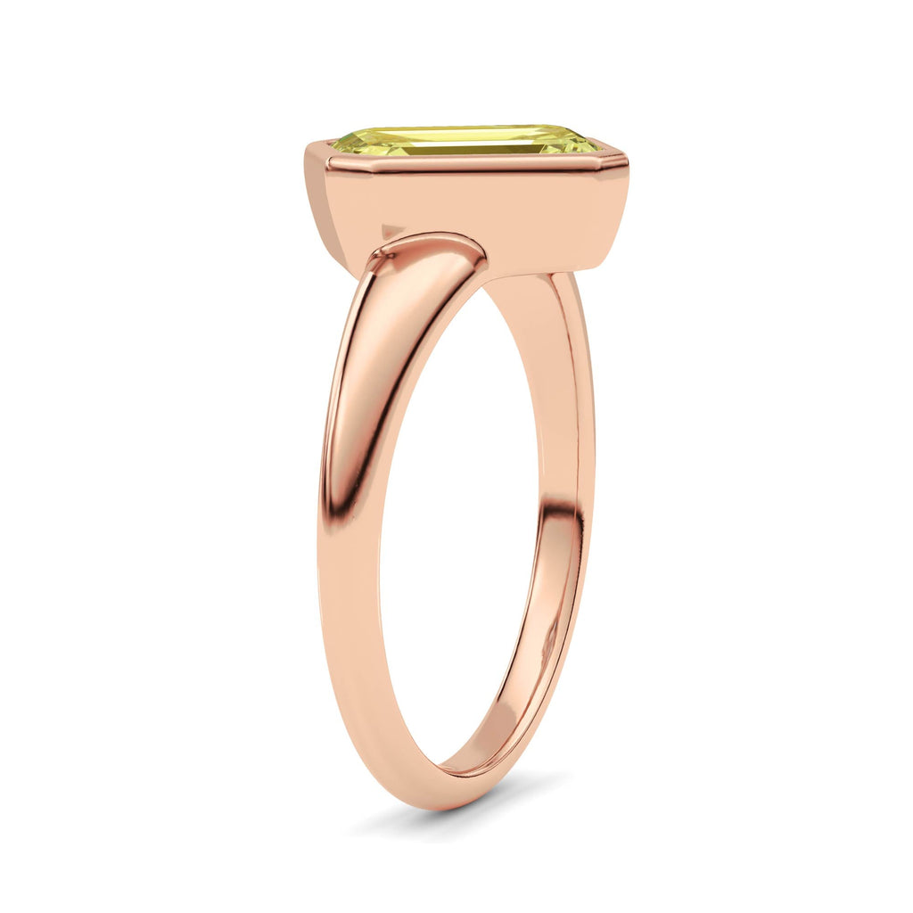 Rose gold Fancy Yellow Emerald Cut Diamond Solitaire Engagement Ring with East-West Bezel Setting