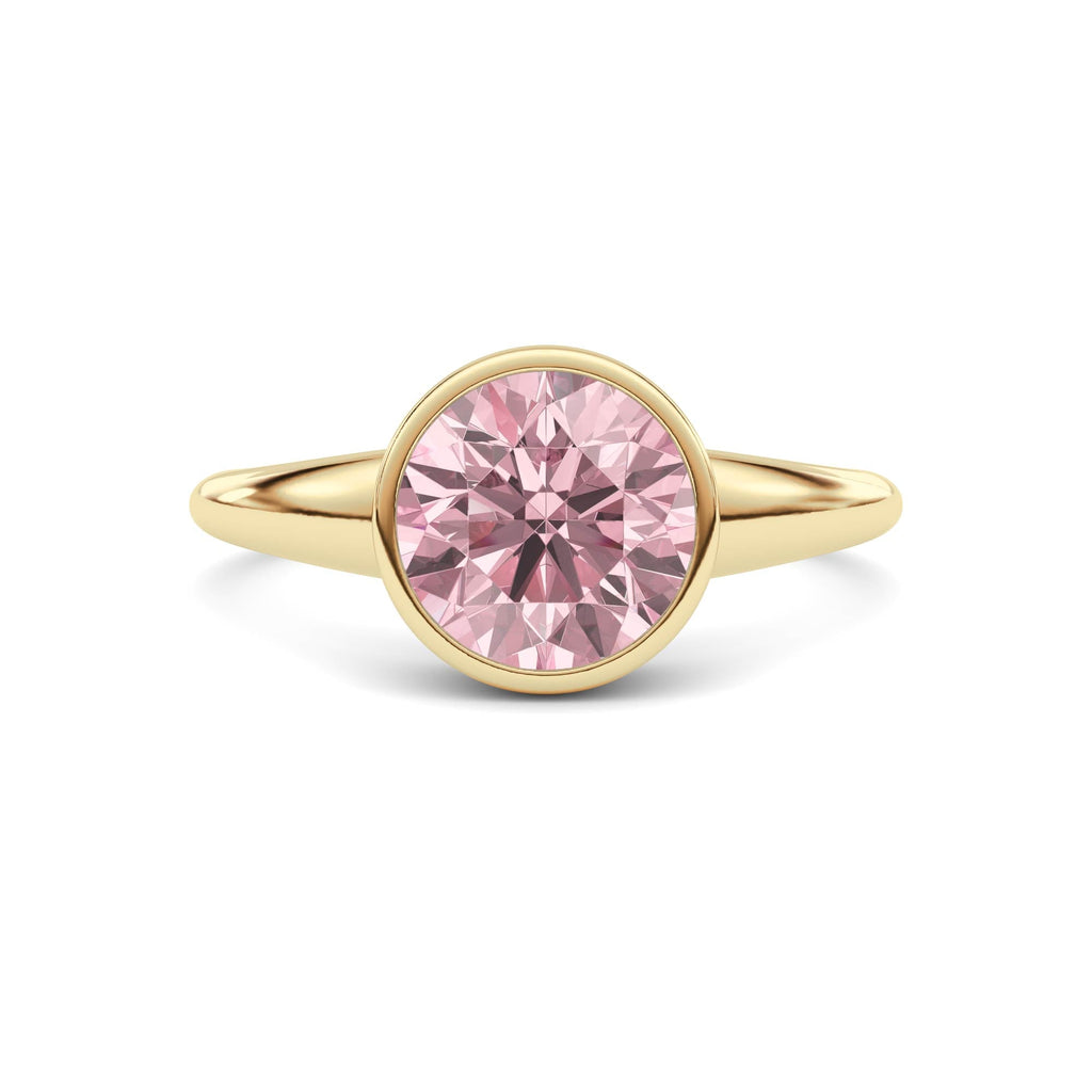 Yellow gold Fancy Pink Round Cut Diamond Solitaire Engagement Ring with East-West Bezel Setting