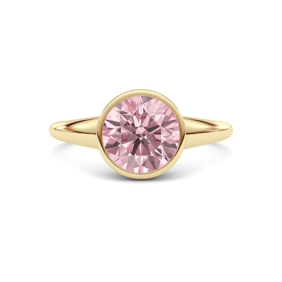 Yellow gold Fancy Pink Round Cut Diamond Solitaire Engagement Ring with East-West Bezel Setting