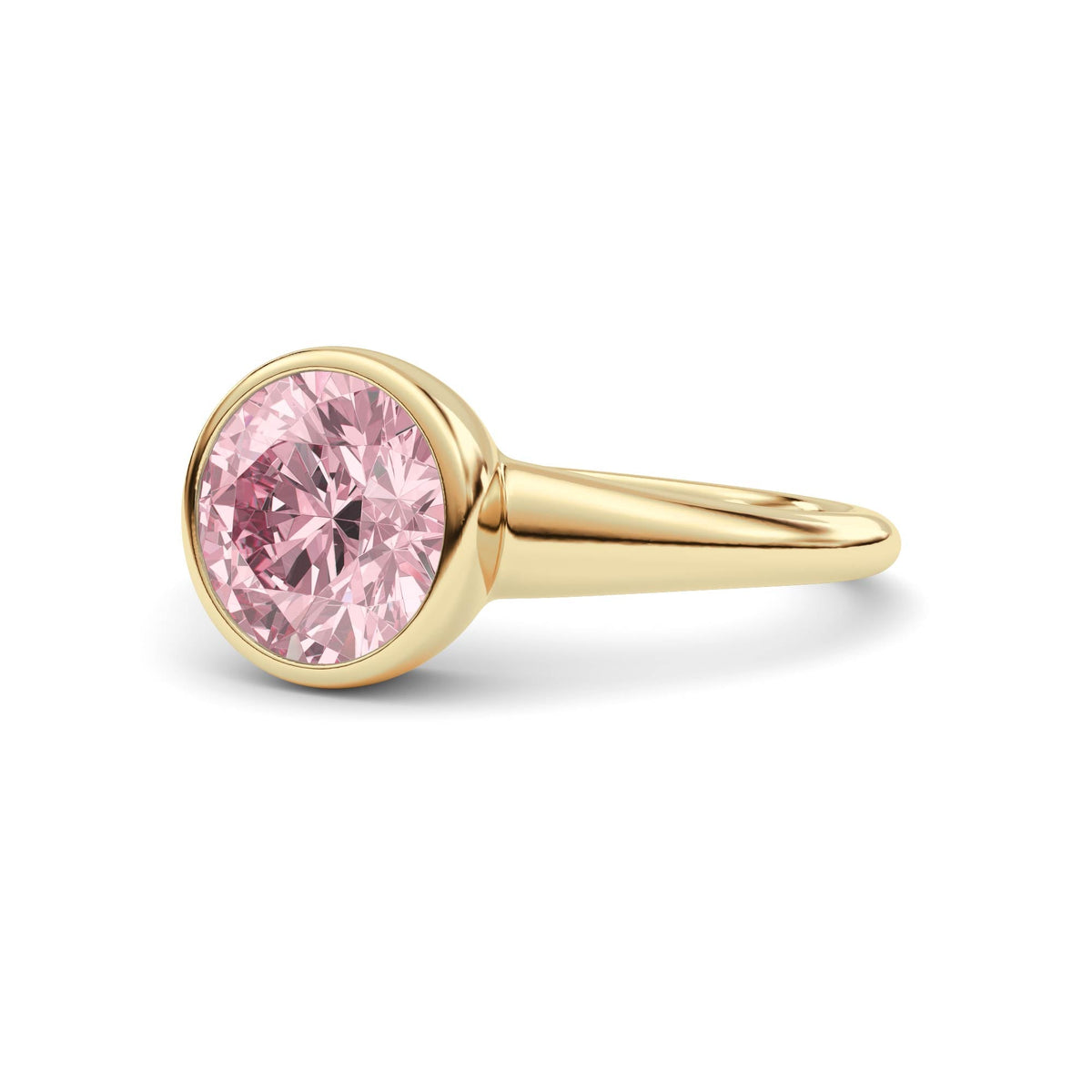 Yellow gold Fancy Pink Round Cut Diamond Solitaire Engagement Ring with East-West Bezel Setting