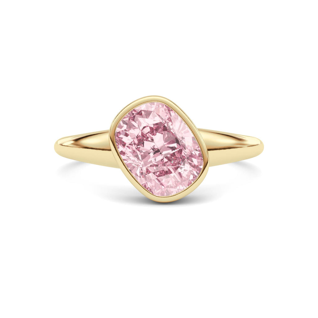 Yellow gold Fancy Pink Cushion Cut Diamond Solitaire Engagement Ring with East-West Bezel Setting