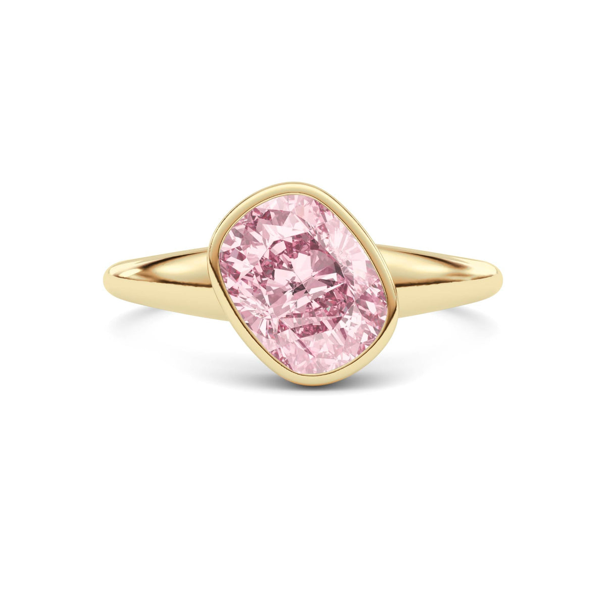 Yellow gold Fancy Pink Cushion Cut Diamond Solitaire Engagement Ring with East-West Bezel Setting