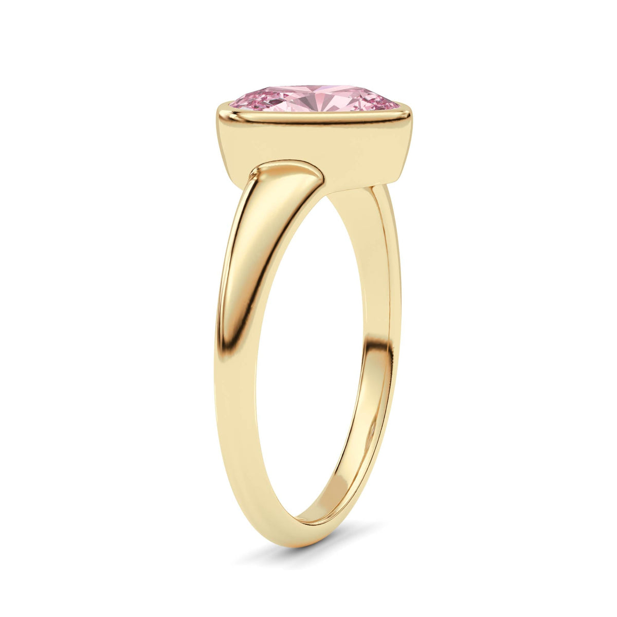 Yellow gold Fancy Pink Cushion Cut Diamond Solitaire Engagement Ring with East-West Bezel Setting