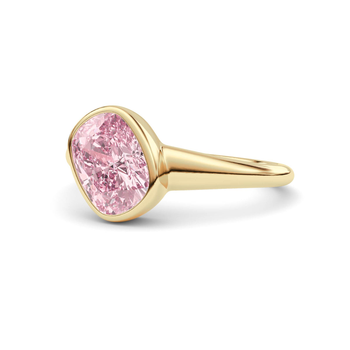 Yellow gold Fancy Pink Cushion Cut Diamond Solitaire Engagement Ring with East-West Bezel Setting