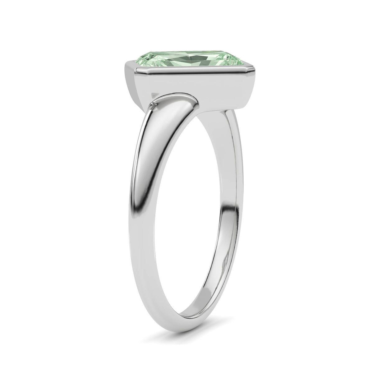 White gold Fancy Green Radiant Cut Diamond Solitaire Engagement Ring with East-West Bezel Setting