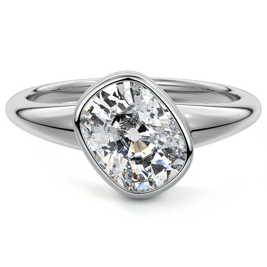 White gold Cushion Diamond Solitaire Engagement Ring with East-West Bezel Setting