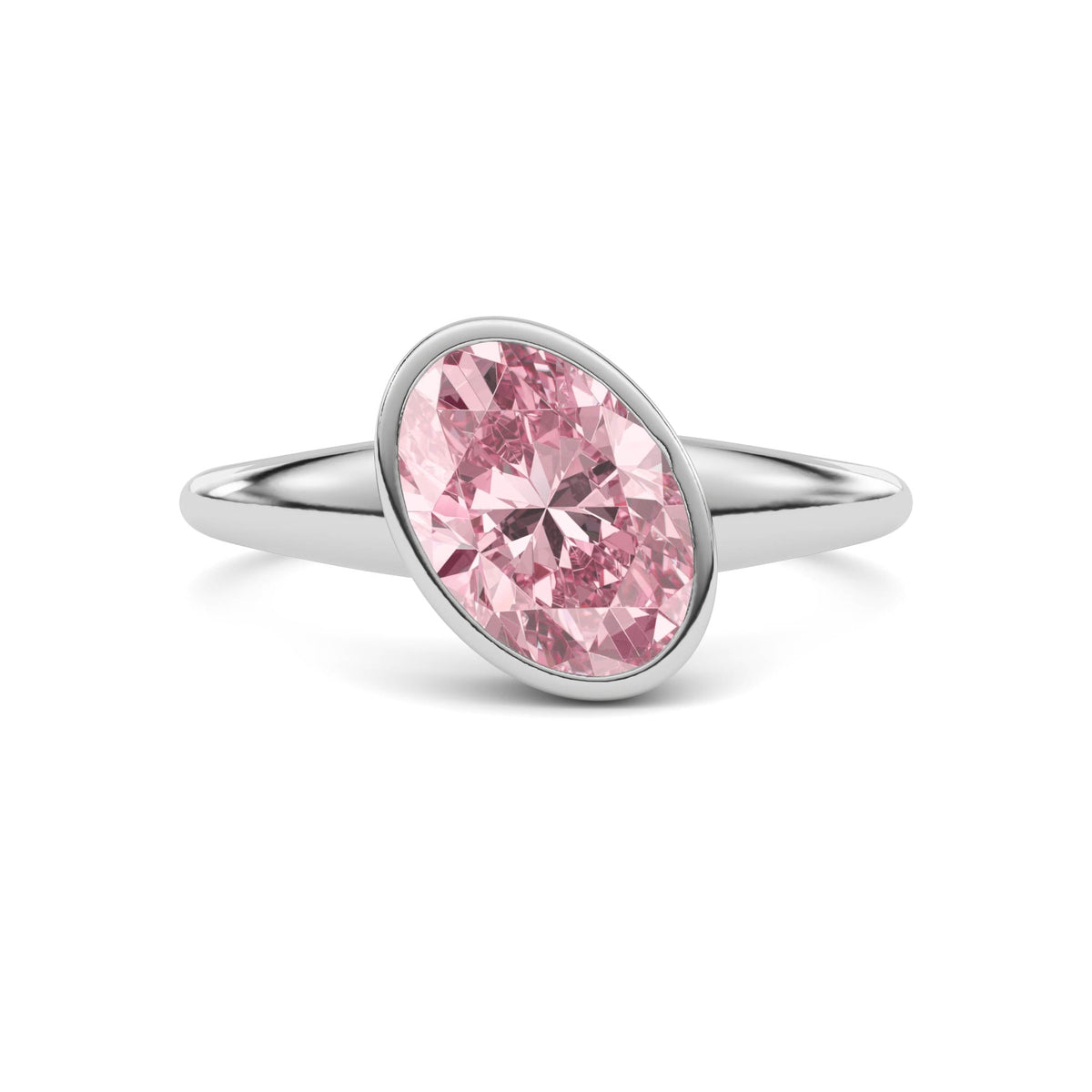 Silver Fancy Pink Oval Cut Diamond Solitaire Engagement Ring with East-West Bezel Setting