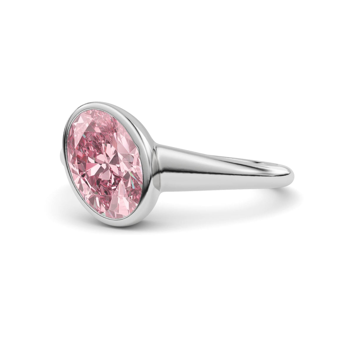 Silver Fancy Pink Oval Cut Diamond Solitaire Engagement Ring with East-West Bezel Setting
