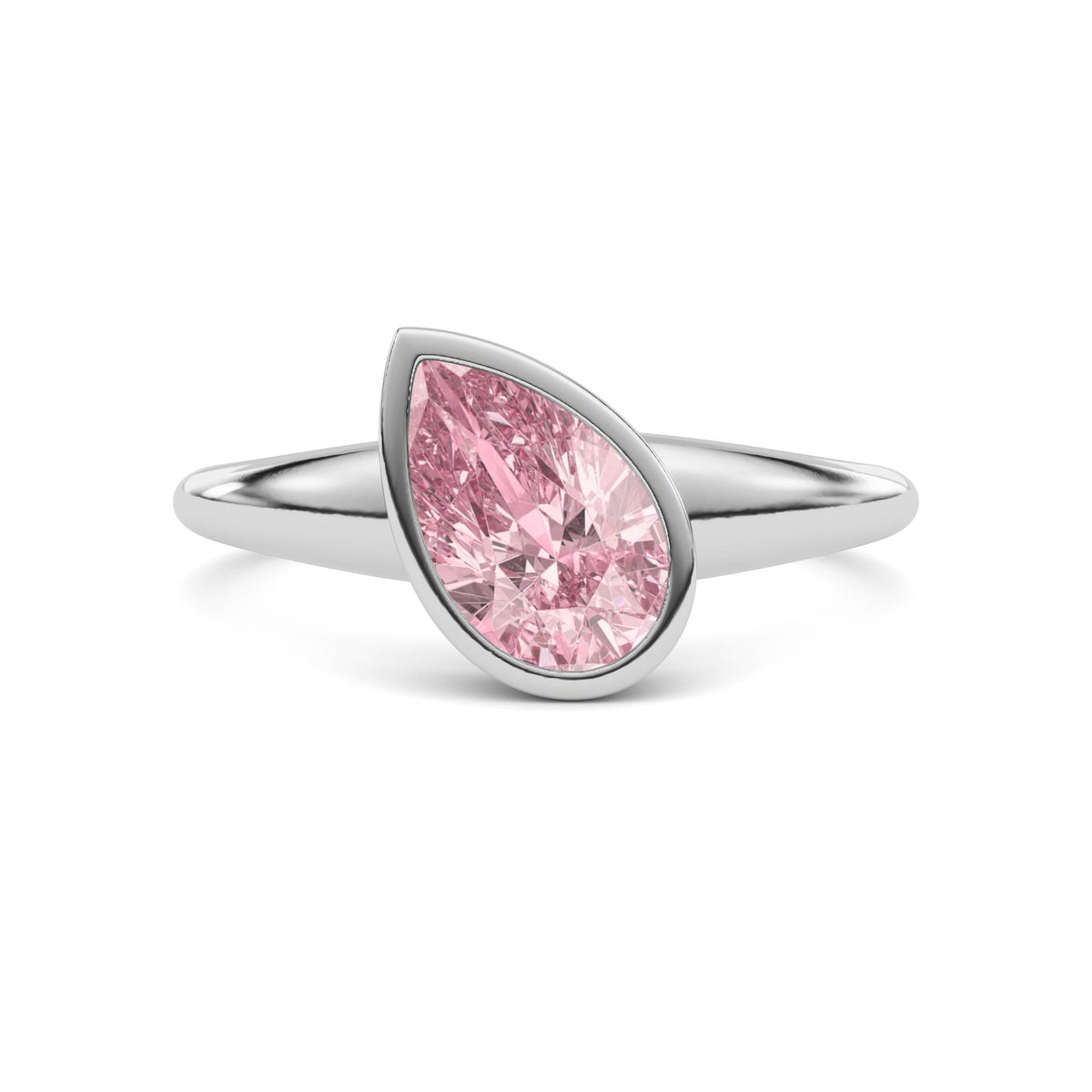 Platinum Fancy Pink Pear Cut Diamond Solitaire Engagement Ring with East-West Bezel Setting