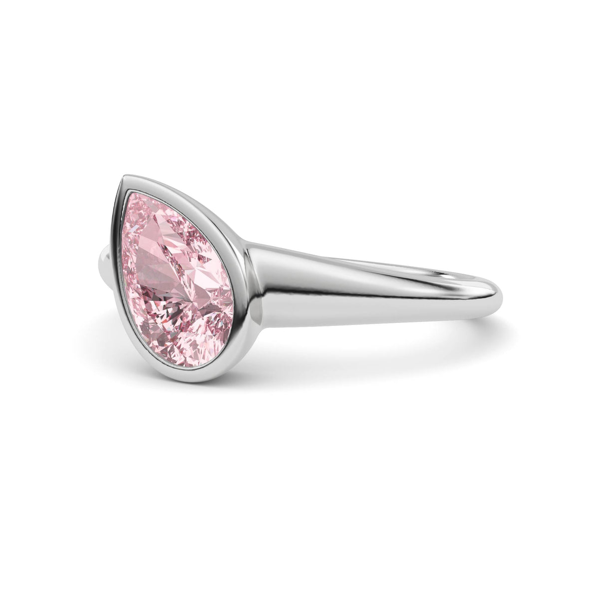 Platinum Fancy Pink Pear Cut Diamond Solitaire Engagement Ring with East-West Bezel Setting